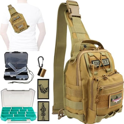 Small Fishing Backpack, Waterproof Fly Fishing Sling Pack Tackle Bag with Tackle Boxes - color: B-Khaki(Size:17.7*8.5*5.7in)