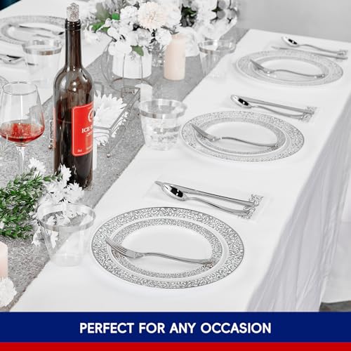 𝟐𝟏𝟎 Count Silver Plastic Dinnerware, Silver Disposable Plates, Includes 30 Dinner & 30 Dessert Plates & 30 Cups & 30 Paper Napkins & 30 Plastic Silverware Set - color: Silver
