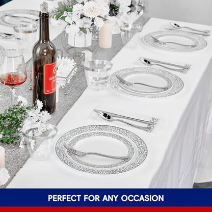 𝟐𝟏𝟎 Count Silver Plastic Dinnerware, Silver Disposable Plates, Includes 30 Dinner & 30 Dessert Plates & 30 Cups & 30 Paper Napkins & 30 Plastic Silverware Set - color: Silver