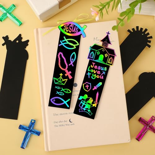 JUNEBRUSHS 30Pcs Religious Crafts for Kids, Easter Rainbow Color Scratch Art Bookmarks Resurrection Cross Religious Gifts for Kids Sunday School Church Bible Crafts Kits - style: Religious Style