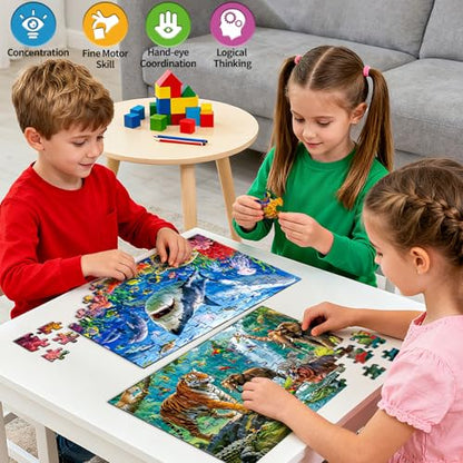 Sitodier Puzzles for Kids Ages 3 4 5 6, 2 Pack 100 Pieces Jigsaw Puzzles for Kids 3-5 4-6 (Forest Animals and Ocean Life), Learning & Educational Games Beautiful Xmas Birthday Gifts for Kid 3-8 - style: 2 Packs 100 Pieces Puzzles