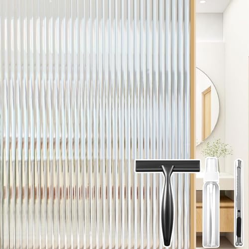 Reeded Glass Window Privacy Film 3D Static Cling, 23.6 x 78.7'' | Upgrades Fluted Lines Easy Cut, Bathroom Door Privacy Day Night, Non Adhesive Clings with Tools Kit, Anti-UV Heat Blocking - color: Clear, size: 23.6 x 78.7 Inch
