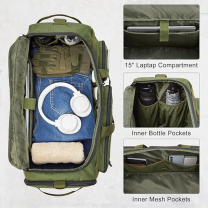 G4Free 3-in-1 Duffle Bag Travel Gym Sports, Large Tactical Duffel Backpack | 50L/65L with Shoes Compartment and Wet Pocket, Military Workout Bag for Men and Women, Green - color: Green
