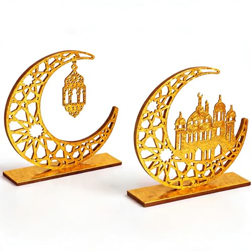 Ramadan Eid Decorations, 2 Pieces Wood Eid Decorations for Home, Gold Islamic Crescent Moon & Mosque Table Sign, Eid Mubarak Kareem Home Decor Art Craft for Muslim, Eid Centerpieces Decor - size: Moon & Mosque