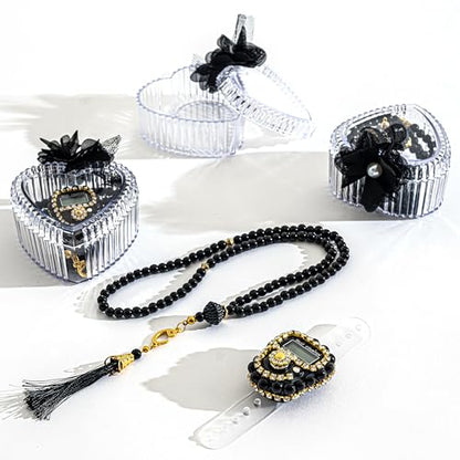 Islamic Tasbih Prayer Beads & Digital Tasbeeh Counter Set – 3 Pack Muslim Prayer Gift for Dhikr, Meditation & Ramadan, Elegant Beads with LCD Finger Counter in Heart-Shaped Gift Box (Black) - color: Black
