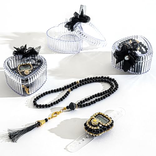 Islamic Tasbih Prayer Beads & Digital Tasbeeh Counter Set – 3 Pack Muslim Prayer Gift for Dhikr, Meditation & Ramadan, Elegant Beads with LCD Finger Counter in Heart-Shaped Gift Box (Black) - color: Black