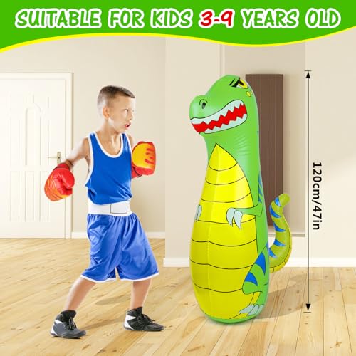 Punching Bag for Kids 47" Inflatable Dinosaur Bop Bag with Thicker Material Instant Bounce Back with Boxing Gloves Karate Kickboxing Taekwondo Kids Gift for Age 3-9 Girls & Boys - color: Green