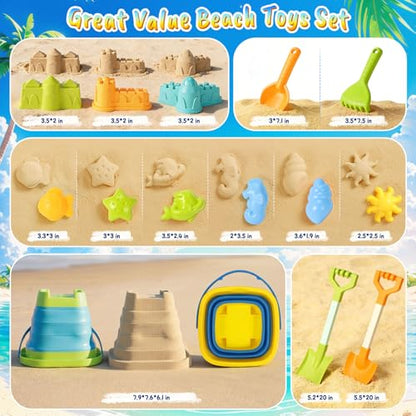 Beach Toys for Kids,Travel Sand Toys Beach Essentials for Kids Age 3-10 | Sand Castle Building Kit with 2 Collapsible Bucket,2 Long Beach Shovels,Sand Molds,Mesh Bag Sandbox Toys for Boys Girls