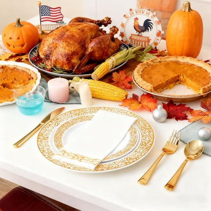 210 Count Gold Plastic Dinnerware, Gold Disposable Plates, Includes: 30 Dinner & 30 Dessert Plates & 30 Cups & 30 Paper Napkins & 30 Plastic Silverware Set -for Thanksgiving, Christmas, Parties - color: Gold