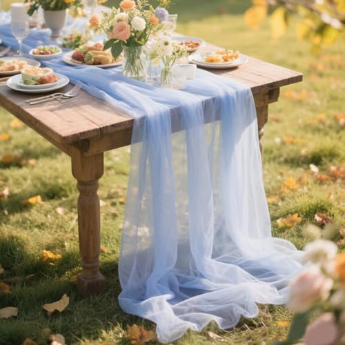 Blue Gauze Table Runner 10ft Rustic Cheese Cloth Table Runner 38×120 Inches Boho Style Decorations for Romantic Date Wedding Party Baby Shower Photography Decoration - color: Blue, size: 10 ft × 1 pc