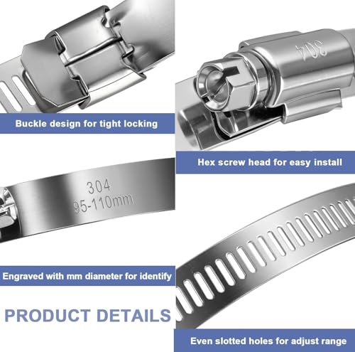 12Pack 4 inch Hose Clamps,Stainless Steel Large Hose Clamp Adjustable | from 3-3/4"-4-5/16"/95-110mm,Metal Worm Gear Duct Clamp for Dryer Vent Hose,Fuel Line,Plumbing,Automotive,Exhaust,Radiator - size: 4 inch (3-3/4" - 4-5/16")