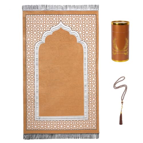 Muslim Prayer Rug Islamic Mat with Prayer Beads - Lightweight Ramadan Eid Prayer Carpet Mat with Cylinder Gift Box Set, Khaki - color: Khaki