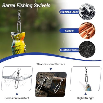 QISHUO High Strength Fishing Swivels Stainless Clips Steel Snap Swivels Barrel Connector Saltwater Swivel Fishing Rolling Black Nickel - size: Size 10+S (42lb) 50 pcs