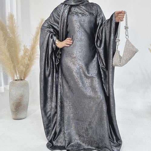 Prlemend Women Prayer Abaya Dubai Bat Sleeve Dress Islamic Printed Long Robe with Belt - color: Grey, size: 1