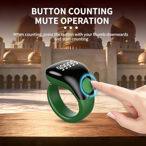 Smart Tasbih Zikr Ring,Adjustable Counter, 3 Sizes (18,20,22mm) Muslim Digital Azan Alarm Clock,APP Support Digital Counter Prayer Reminder Rings, Waterproof 5 Digit Finger Counter zikr Ring(Green) - color: Green