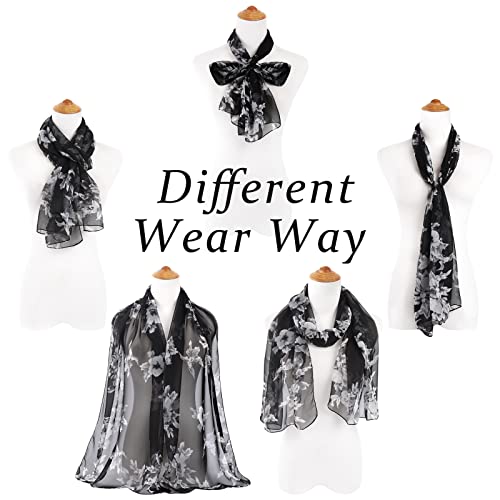 E-Clover Women Soft Floral Print Shawl Chiffon Sheer Scarf - color: Black White Floral