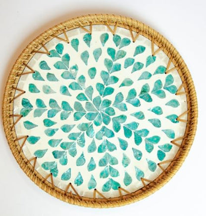 Round Rattan Serving Tray with Mother of Pearl Inlay, Wicker Coffee Table Decor, Farmhouse Style (Teal Tan Flower) - color: Teal Tan Flower