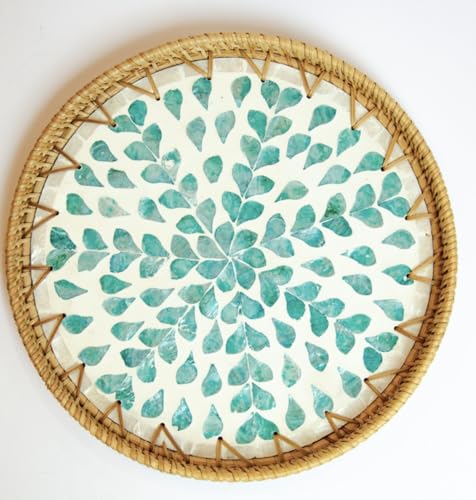 Round Rattan Serving Tray with Mother of Pearl Inlay, Wicker Coffee Table Decor, Farmhouse Style (Teal Tan Flower) - color: Teal Tan Flower