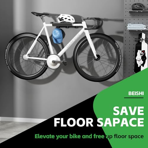 Bike Wall Mount Rack Indoor Bike Storage Garage Bike Rack Wall Mount with Shelf and Hooks Store Your Helmet and Shoes for a Single Road, Mountain or Other Bicycle (Fit Crank Bicycle,16" Stud)