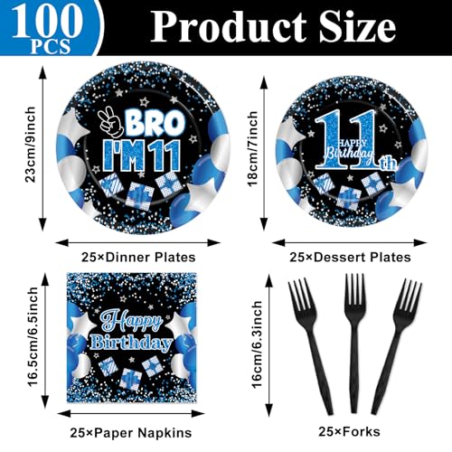 Qyeahkj 100 Pcs 11th Birthday Decorations for Boys Official Teen Supplies Plate Napkin Forks Set Disposable Blue 11th Birthday Tableware Paper Plates Dinnerware for Kids Teenager Favors Serve 25 - style: 11th birthday