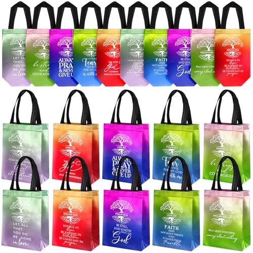Sweetude 30 Pcs Christian Bag Bulk with Handle Religious Medium Size Bible Verse Reusable Non Woven Handbag for Coworker Men Women Grandparent Day Church Halloween Party Favor Bags(Gradient Colors) - color: Gradient Colors