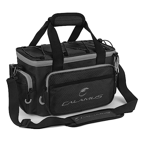 Calamus TB61 Fishing Tackle Bag, Fishing Gear, Gifts for Angler, Black | Saltwater & Freshwater Fishing Bags, Rip-Stop PE, Padded Shoulder Strap, Pliers Storage, Easy to Organize, Functional Design - color: D：Black(without trays)-14.3*9*7.5 inches