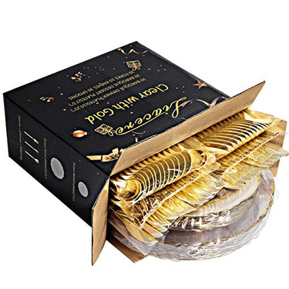 Liacere 150PCS Clear Gold Plastic Plates - Disposable Plastic Silverware with Glitter Bamboo Handle Cutlery-Baroque Clear Gold Disposable Plates for Wedding & Party & Mother's Day - color: Gold, size: Baroque Style
