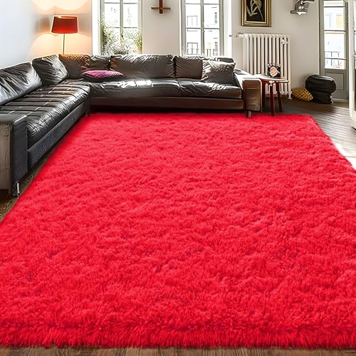 Soft Shag Fluffy Living Room Rug 5x7 Red Washable - color: Red, size: 5' x 7' (Rectangular)