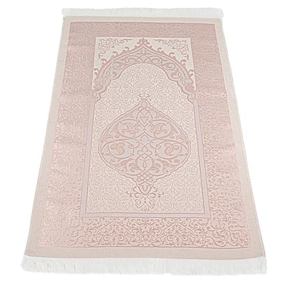 Modefa Luxury Islamic Thin Travel Prayer Mat in Satin Gift Bag - Deluxe 4 Piece Travel Set with Dua Book & Prayer Beads Tesbih - Thin Chenille Turkish Praying Carpet - Eid Gift Set (Pink) - color: Pink