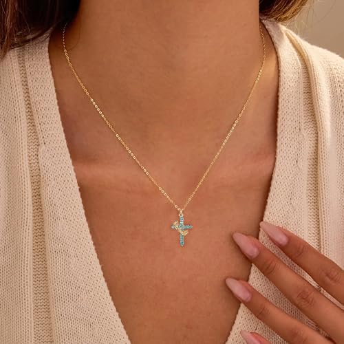 Robaice Upgraded Crown Cross Necklace for Women, 14K Gold Plated - color: M03 Aquamarine Blue, Mar
