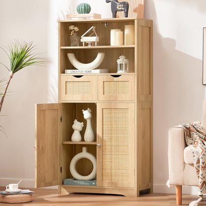Iwell Tall Storage Cabinet, Rattan Cabinet with 2 Drawers & Adjustable Shelf, Kitchen Pantry Storage Cabient, Entryway Cabinet for Living Room, Dining Room, Home Office, Natural - color: Natural, 2 Drawers