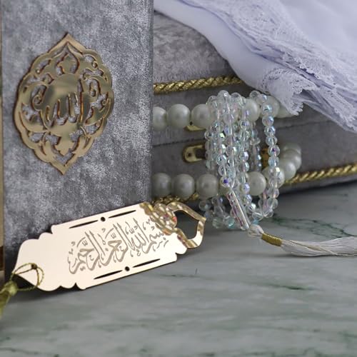 Modefa Islamic Luxury Pearl Islamic Gift Set - Holy Quran in Arabic - Velvet Box with Quran, Hijab, Tesbih, & Bookmark (Grey) - color: Grey