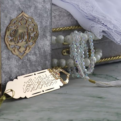 Modefa Islamic Luxury Pearl Islamic Gift Set - Holy Quran in Arabic - Velvet Box with Quran, Hijab, Tesbih, & Bookmark (Grey) - color: Grey