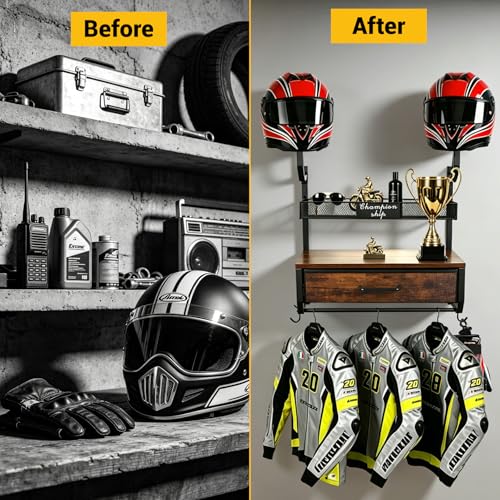 Motorcycle Helmet Holder Wall Mounted with 4 Hanging Hooks, Drawer & Mesh Basket, All-in-On Easy Access Gear Storage Organizer for Helmets Shape Protection, Motorcycle Accessories, Black