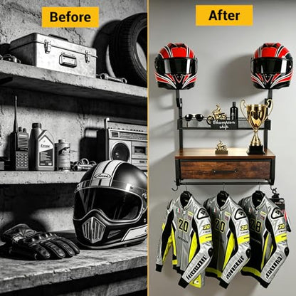 Motorcycle Helmet Holder Wall Mounted with 4 Hanging Hooks, Drawer & Mesh Basket, All-in-On Easy Access Gear Storage Organizer for Helmets Shape Protection, Motorcycle Accessories, Black