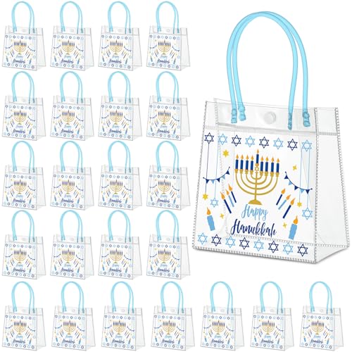 Aliceset 24 Pcs Hanukkah Gift Bags Bulk PVC Tote with Handles Clear Reusable Favor Bags with Star of David & Menorah Design for Hanukkah Party Decorations Supplies, 6.31" x 5.91" x 3.15" - style: Hanukkah