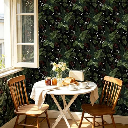 Dark Green Botanical Berries Peel and Stick Wallpaper 17.5" x 118" | Self-Adhesive, Removable Waterproof Contact Paper for Bedroom, Bathroom, Cabinets, Accent Wall, Laundry Room - color: Black/Dark Green, size: 17.5" x 118"