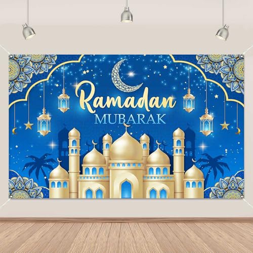 Blue Ramadan Decorations Banner Muslim Ramadan Kareem Banner Decorations Ramadan Mubarak Photography Backdrop for Muslim Home Eid Al Fitr Party 5.9x3.6Ft - color: blue
