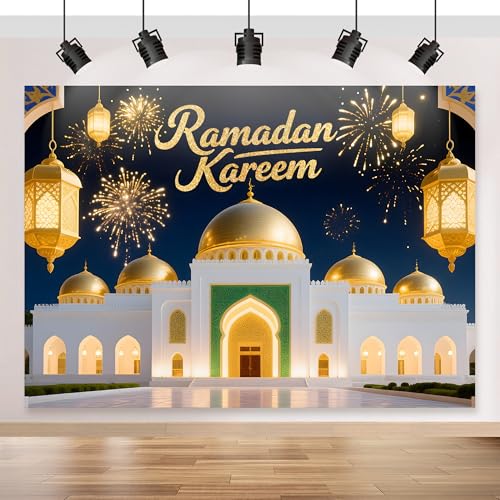 Ramadan Mubarak Backdrop 70.8x43.3 inch, for Muslim Ramadan Kareem Party Decorations, Eid Mubarak Sign Photo Booth for Home Muslim Eid Al Fitr Party - color: White