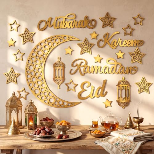Geelin 23 Pcs Ramadan Decorations for Home 2026 Eid Ramadan Kareem Mubarak Wall Decor Islamic Wooden Gold Moon Star Lantern Wall Art Sign for Living Room Bedroom Muslim Arabic Party Supplies (Eid) - style: Eid