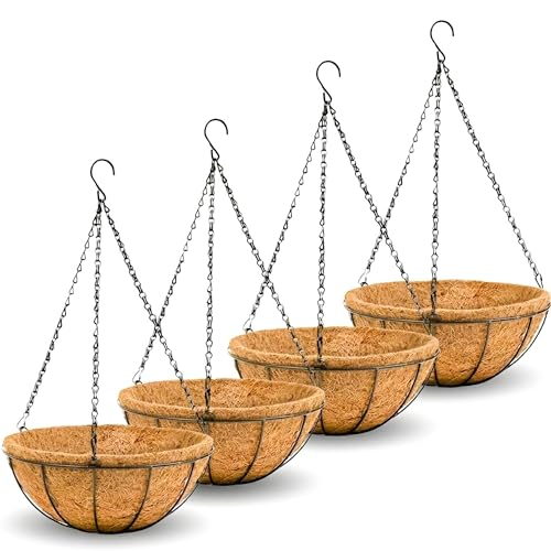 14 inch Metal Hanging Baskets For Plants Outdoor 4 Pack Round Metal Wire Hanging Basket Planter with Coco Fiber Liners Chain Round Wire Plant Holder for Garden, Patio, Deck, Porch Plants Flower Potss - size: 14 Inch, style: Watermelon