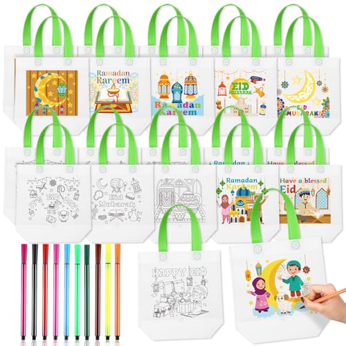 Bulyoou 60 Pack Ramadan Coloring Goodie Bags for Kids Bulk with Coloring Pens Reusable Eid Mubarak Gift Bags Ramadan Crafts for Home School DIY Activities Party Supplies, 12 Styles