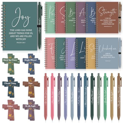 36 Pcs Christian Bulk Gifts for Women: 12 Bible Verse Spiral Notebooks with 12 Scripture Pens & 12 Magnetic Bookmarks, Boho Prayer Journal Father's Day Gifts for Church Members, Bible Study Groups - color: Boho Color