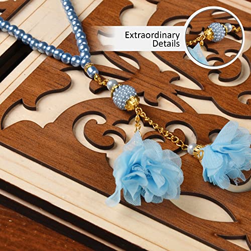 BABY SHOWER CHOCOLATE Prayer Rug Islamic Gift Set, Velvet Prayer Mat, Prayer Beads, Scarf and Yaseen Book, Perfect Family and Muslim Eid Gifts (Blue) - color: Blue