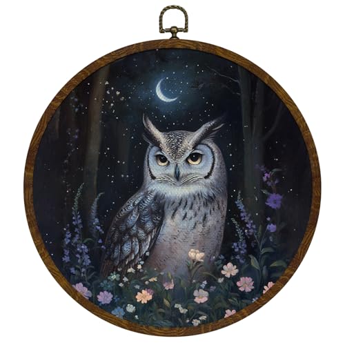 Mystic Forest Owl Round Wall Art Decor, William Morris Inspired Retro Owl Framed Canvas Prints, Rustic Neutual Wall Hanging Door Decor for Bedroom,Living Room or Office 10x10in (BY0614) - color: By0614