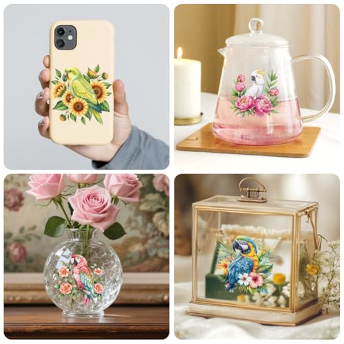 Peacoblue 18 Sheets Rub on Transfers for Crafts, Parrot with Flowers 3.6"x3.9" UV DTF Cup Wraps Waterproof Rub on Cold Transfers Stickers for Wood Glass Metal Cup Tumblers Mirrors Mugs Home Decor - style: Parrot with flowers