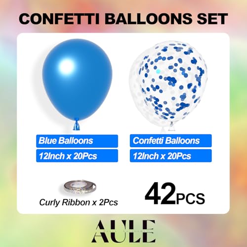 AULE Party Balloons Pack of 42 - Metallic Blue Balloons and Blue Confetti Balloons With 64ft Ribbons 12 Inch Chrome Latex Helium Balloon Decoration Set - color: Blue
