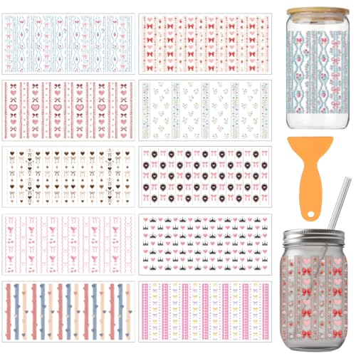 arricraft 10 Sheets Cute Patterns UV DTF Cup Wrap for 16OZ Glass, Heart Bow Flower Strawberries Crown Cherries Rub on Decals PVC Transfer Stickers for DIY Cups Window Home Printing Decoration 24x11cm - style: Cute Patterns Theme