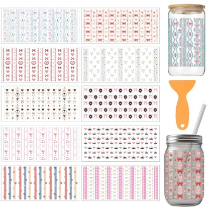 arricraft 10 Sheets Cute Patterns UV DTF Cup Wrap for 16OZ Glass, Heart Bow Flower Strawberries Crown Cherries Rub on Decals PVC Transfer Stickers for DIY Cups Window Home Printing Decoration 24x11cm - style: Cute Patterns Theme