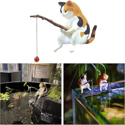Fish Landscaping Fishing Cat Ornaments Mini Resin Figurine Cartoon Cat Statue for Home Office Aquarium Decoration Fishing Cat Figurine Aquarium Décor